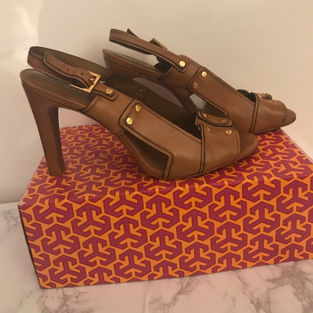 Tory Burch Naomi OT Sandal Heels Royal Tan Sz 11